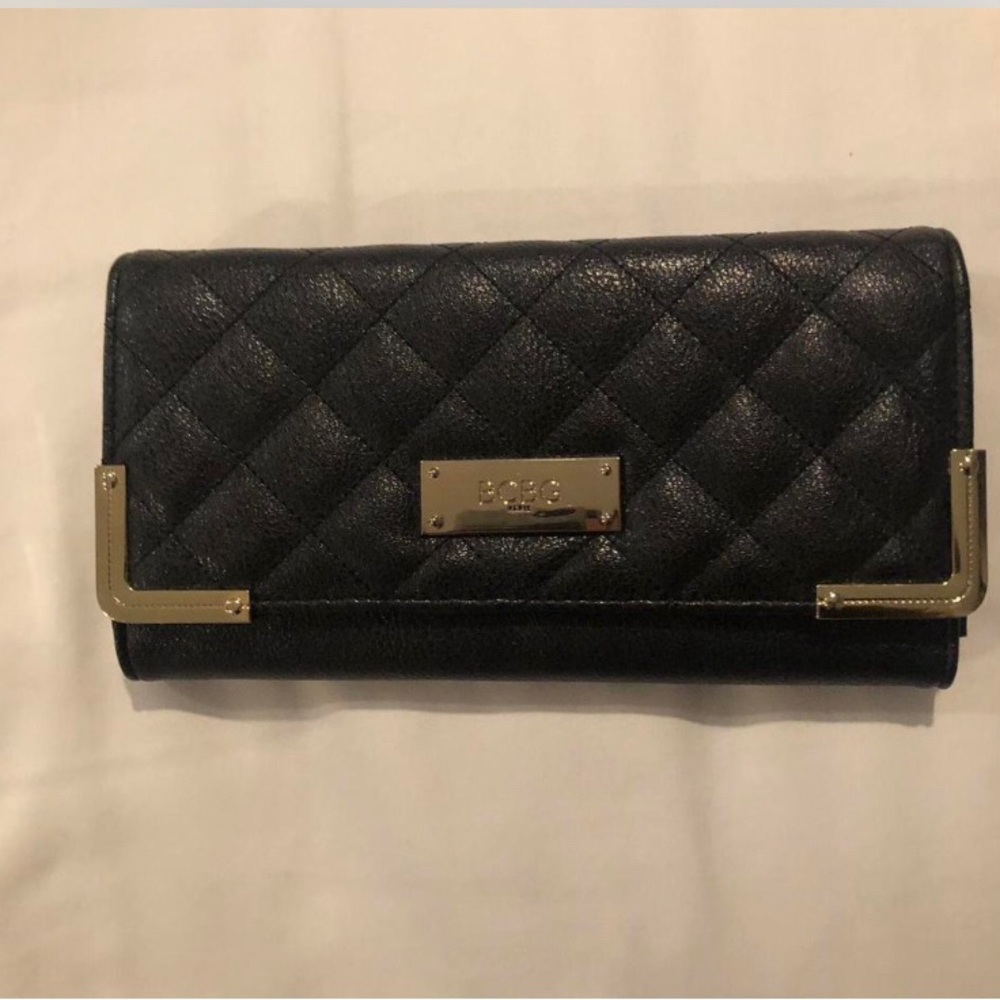 BCBG Quilted Black Wallet with Gold Details
